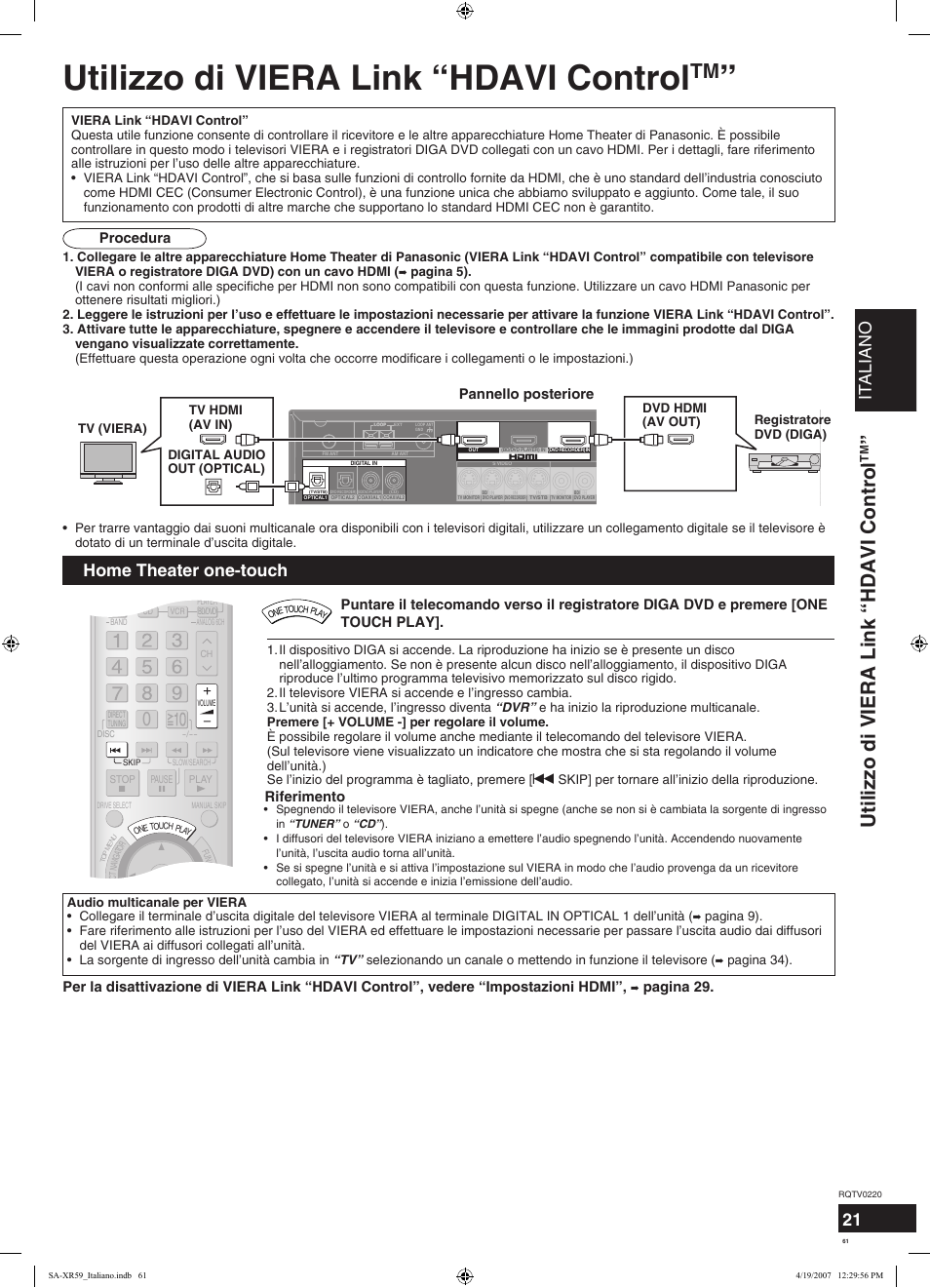 Utilizzo di viera link “hdavi control, Italiano, Home theater one-touch | Procedura pannello posteriore, Riferimento, Pagina 29, Pagina 34) | Panasonic SAXR59 User Manual | Page 61 / 120