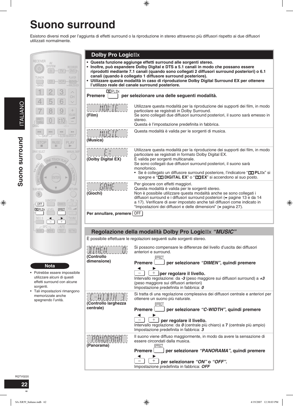 Suono surround, Italiano, Dolby pro logic ιιx | Panasonic SAXR59 User Manual | Page 62 / 120