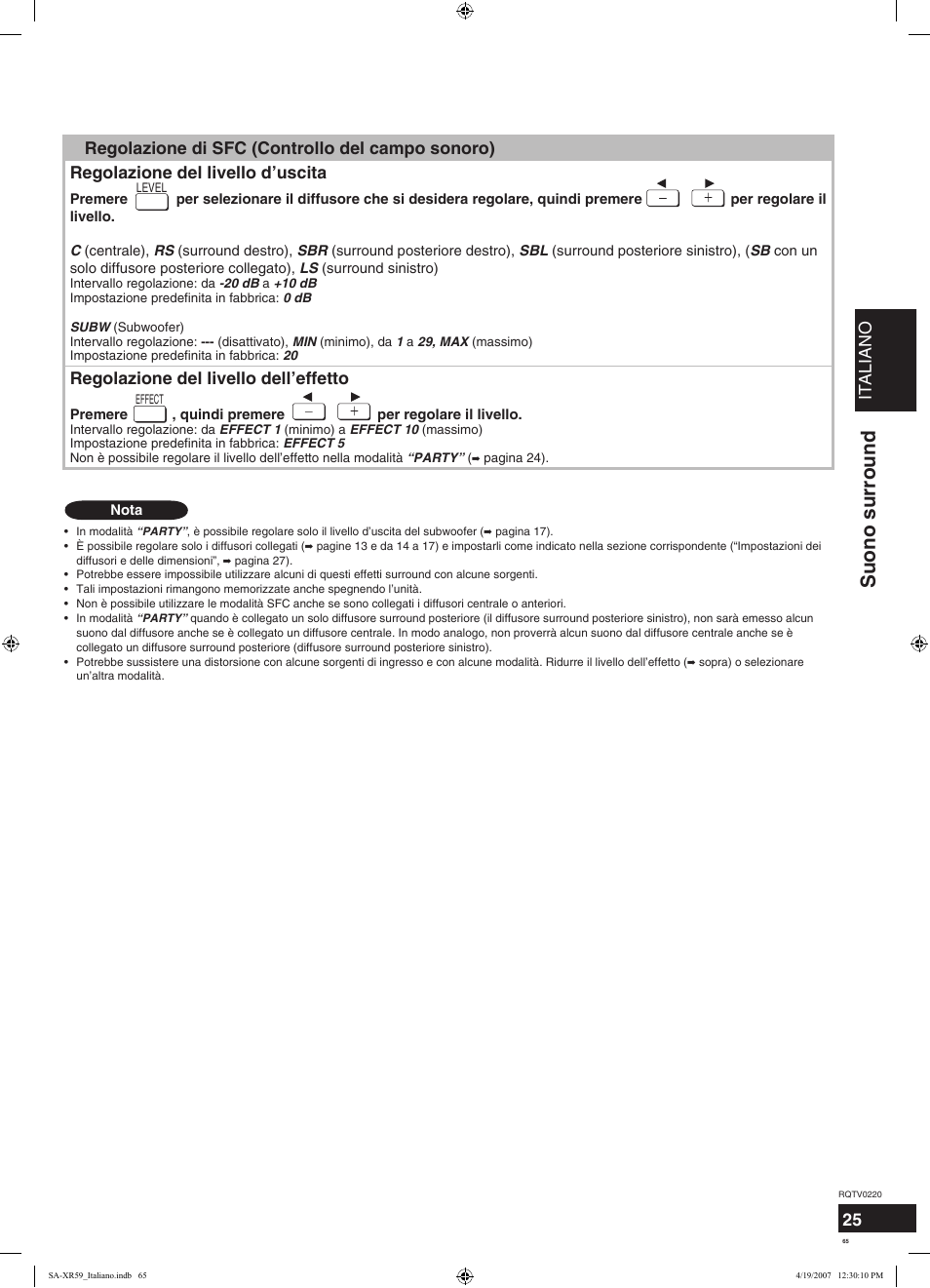 Suono surround, Italiano, Sfc (controllo del campo sonoro) | Regolazione del livello dell’effetto | Panasonic SAXR59 User Manual | Page 65 / 120