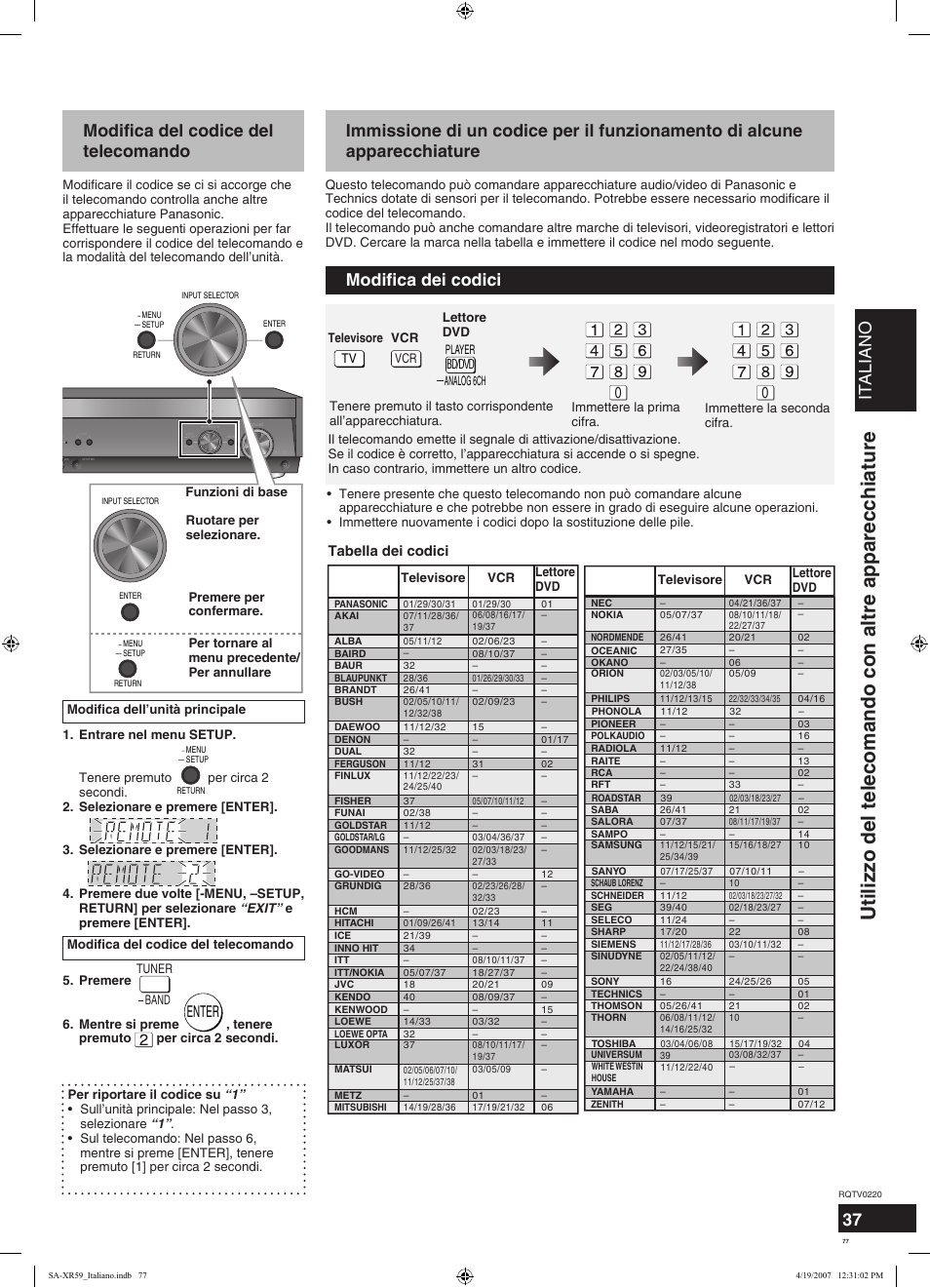 Utilizzo del telecomando con altre apparecchiature, Italiano, Modifica del codice del telecomando | Modifica dei codici, Enter, Tabella dei codici | Panasonic SAXR59 User Manual | Page 77 / 120