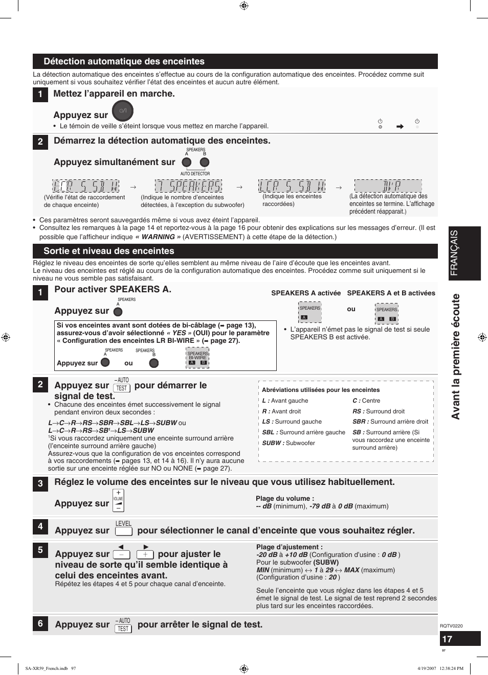 Avant la première écoute, Français, 17 sortie et niveau des enceintes | Pour activer speakers a. appuyez sur 1, Appuyez sur pour démarrer le signal de test, 45 appuyez sur pour arrêter le signal de test. 6, Détection automatique des enceintes, Mettez l’appareil en marche. appuyez sur | Panasonic SAXR59 User Manual | Page 97 / 120