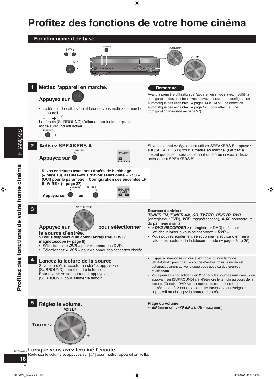 Profitez des fonctions de votre home cinéma, Français, Appuyez sur pour sélectionner la source d’entrée | Lancez la lecture de la source, Réglez le volume, Lorsque vous avez terminé l’écoute, Tournez | Panasonic SAXR59 User Manual | Page 98 / 120