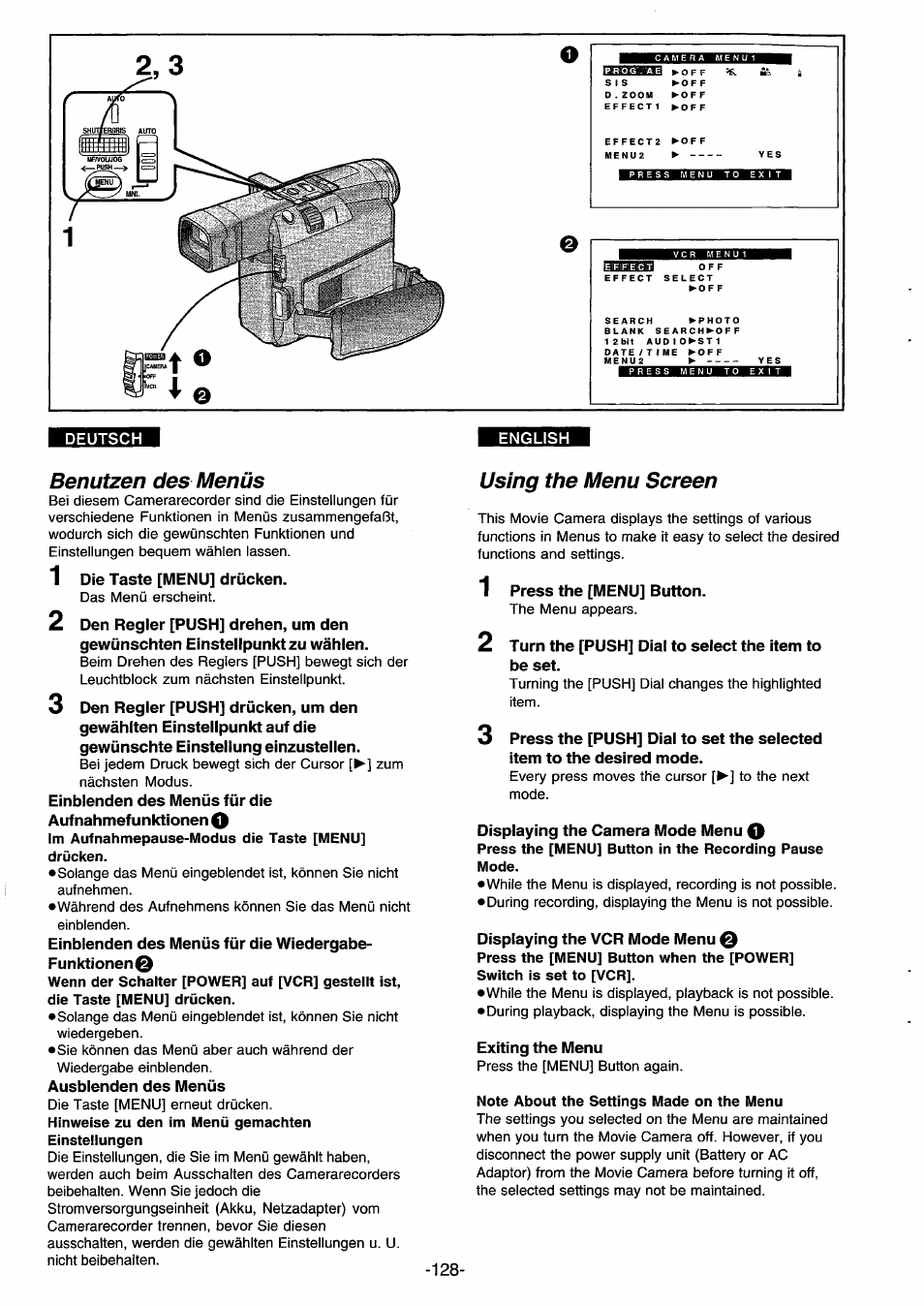 Benutzen des menüs, Using the menu screen, Note about the settings made on the menu | Mss^m | Panasonic NVDS33EG User Manual | Page 127 / 193