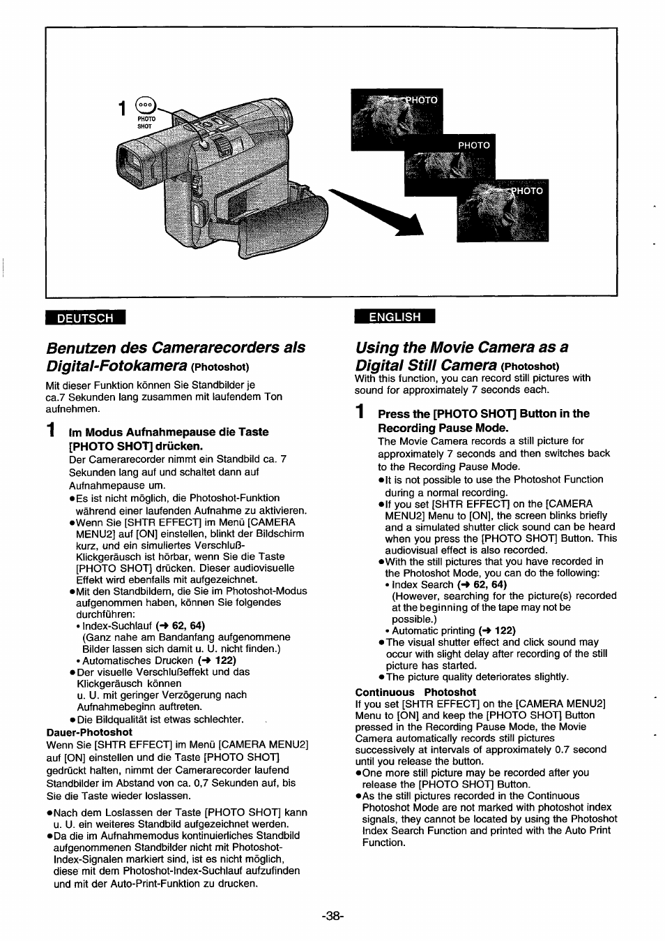 Benutzen des camerarecorders als, Digital-fotokamera (photoshot), Using the movie camera as a digital still camera | Photoshot) | Panasonic NVDS33EG User Manual | Page 37 / 193
