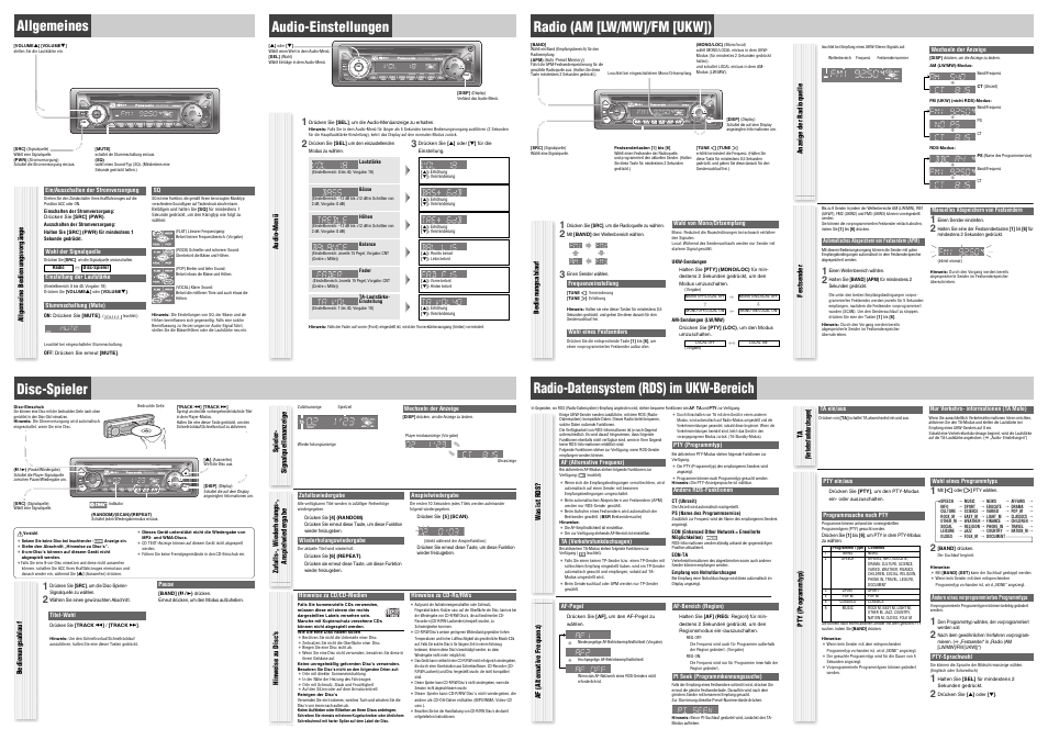 Audio-einstellungen, Allgemeines, Radio (am [lw/mw]/fm [ukw]) | Allgemeine bedienungsvorgänge, Audio-menü, Bedienungsablauf, Festsender, Anzeige der radioquelle, Pty (programmtyp) w as ist rds, Ta (v erkehrsfunkdurchsagen) | Panasonic CQC1021NW User Manual | Page 2 / 4