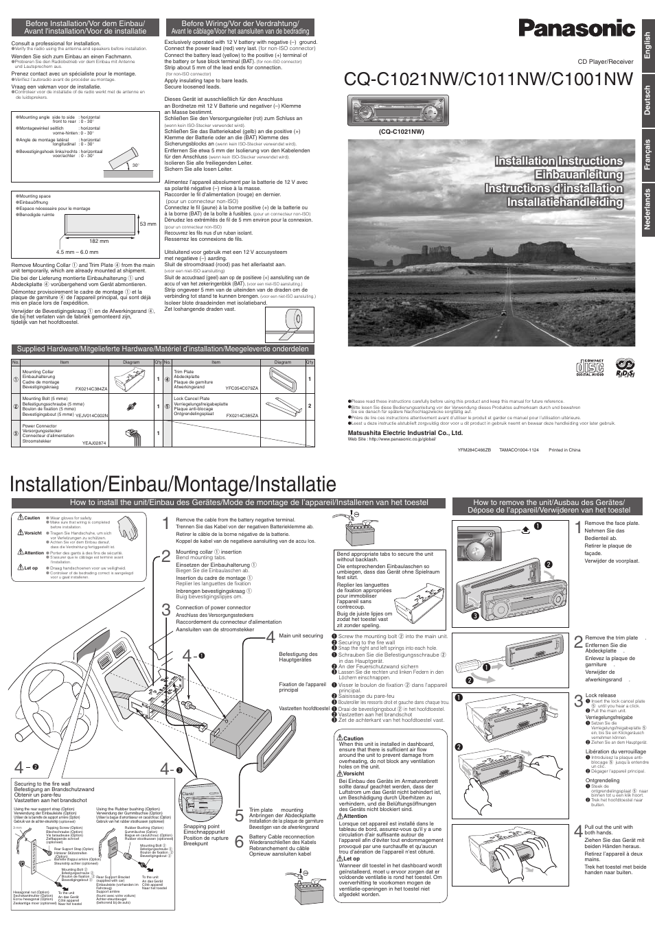 Installation/einbau/montage/installatie, Mute/sq random scan repeat ta | Panasonic CQC1021NW User Manual | Page 3 / 4