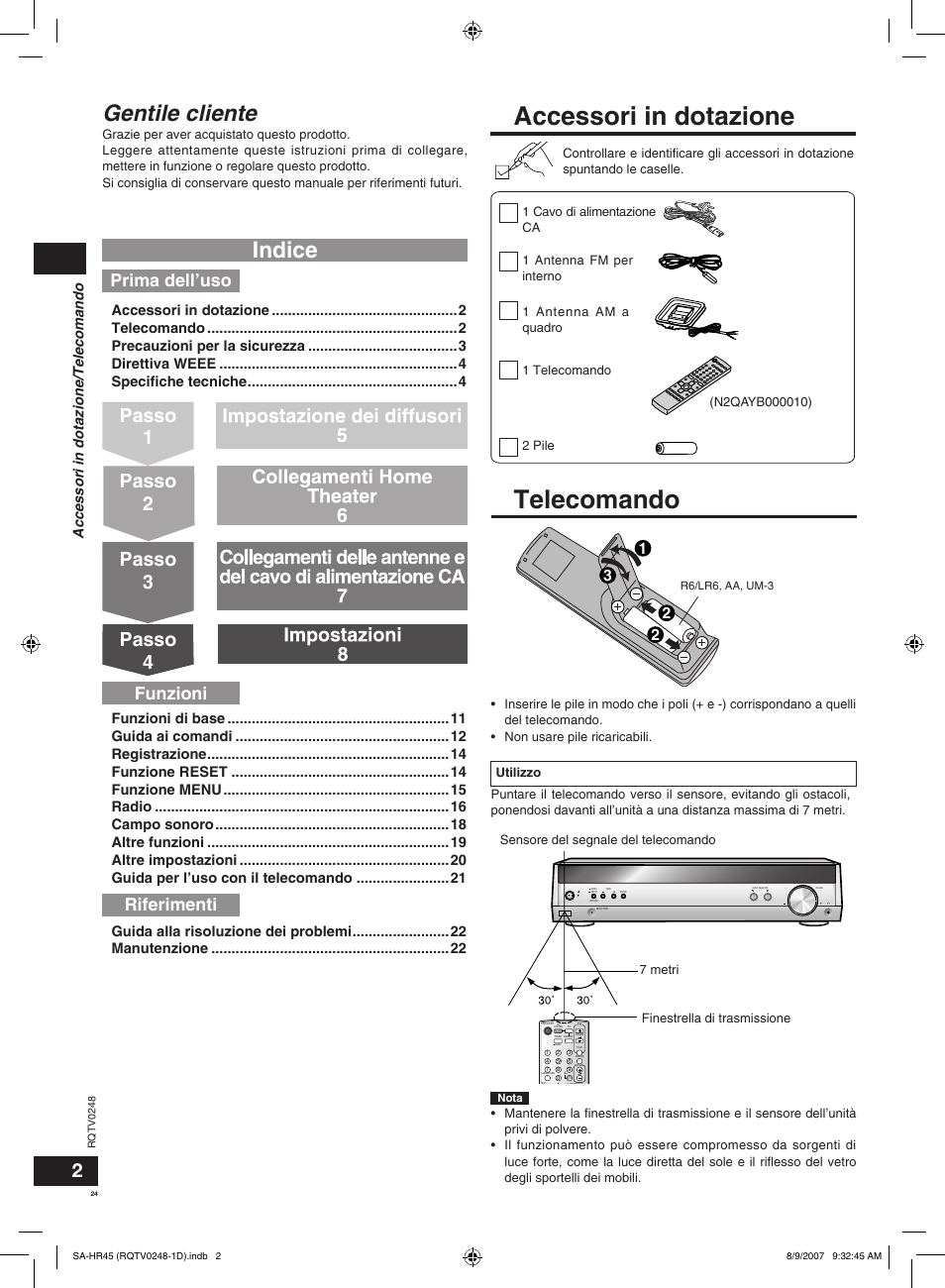 Accessori in dotazione, Telecomando, Indice | Gentile cliente, Passo 1 passo 2 passo 3, Passo 4, Funzioni riferimenti, Prima dell’uso | Panasonic SAHR45EG User Manual | Page 24 / 68