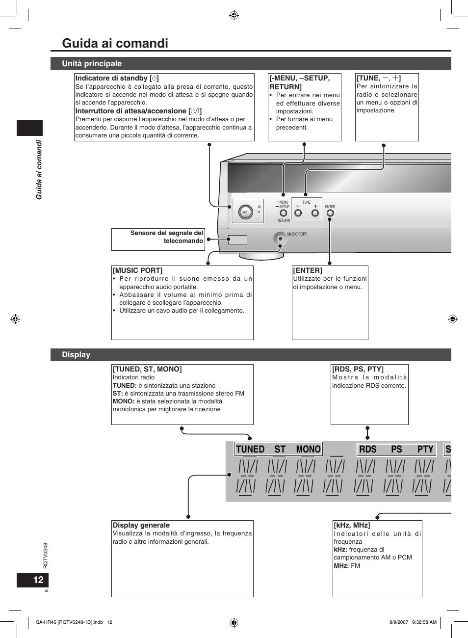Guida ai comandi, Digital input digital dts pl 2ch mix sfc, C.focus | Tuned mono sleep pty ps rds pcm st khz mhz | Panasonic SAHR45EG User Manual | Page 34 / 68