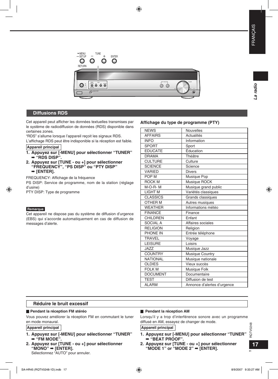 Réduire le bruit excessif, Diffusions rds | Panasonic SAHR45EG User Manual | Page 61 / 68