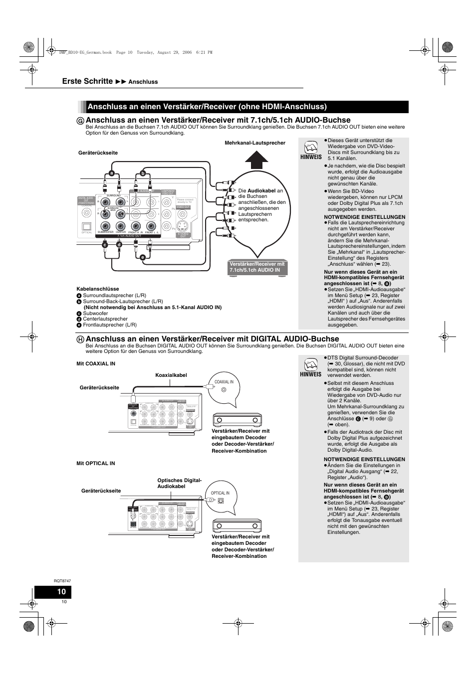 Erste schritte, Hinweis, 11 anschluss | Panasonic DMPBD10 User Manual | Page 10 / 96