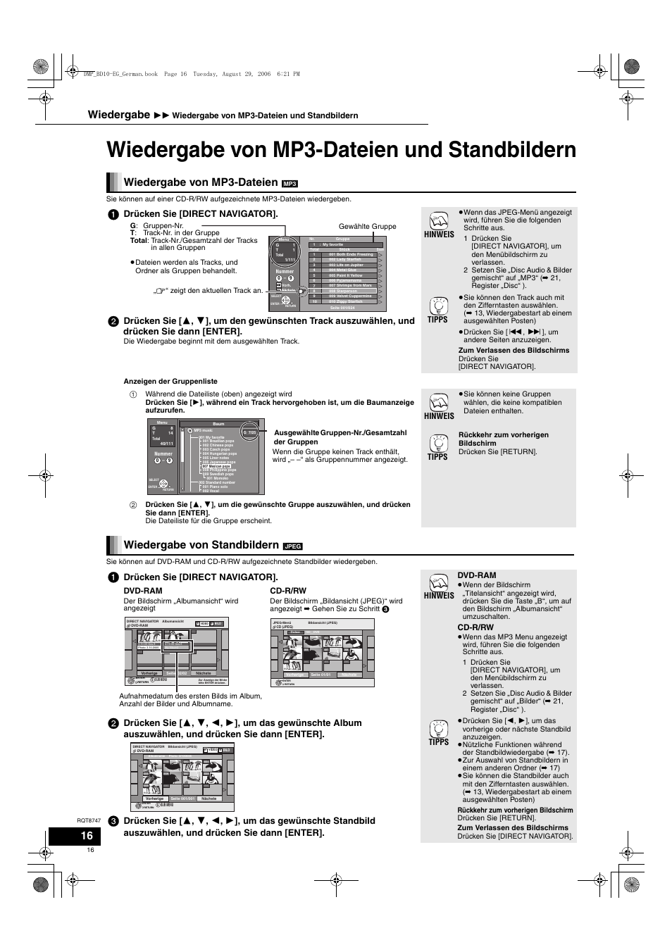 Wiedergabe von mp3-dateien und standbildern, Wiedergabe von mp3-dateien, Wiedergabe von standbildern | Wiedergabe, Drücken sie [direct navigator, Hinweis tipps, Dvd-ram, Cd-r/rw, Hinweis, Tipps | Panasonic DMPBD10 User Manual | Page 16 / 96