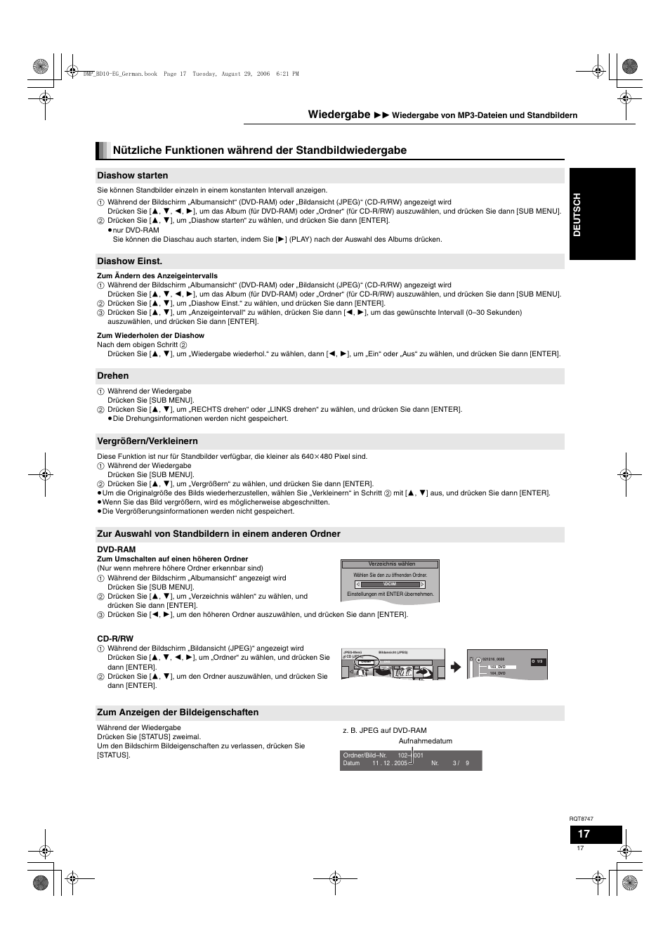 Wiedergabe, De uts c h, Diashow starten | Diashow einst, Drehen, Vergrößern/verkleinern, Zum anzeigen der bildeigenschaften | Panasonic DMPBD10 User Manual | Page 17 / 96