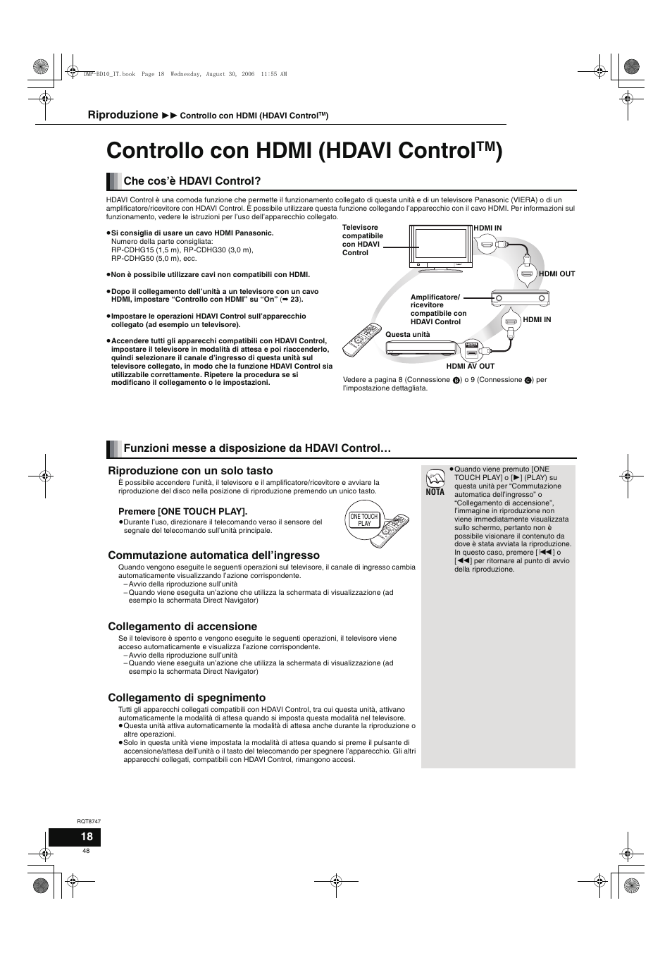 Controllo con hdmi (hdavi control, Commutazione automatica dell’ingresso, Collegamento di accensione | Collegamento di spegnimento, Riproduzione | Panasonic DMPBD10 User Manual | Page 48 / 96
