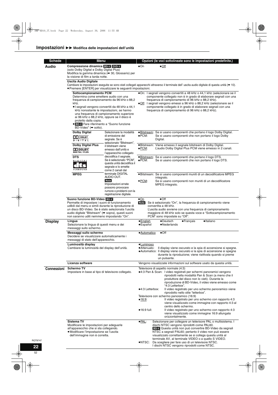 Impostazioni | Panasonic DMPBD10 User Manual | Page 52 / 96