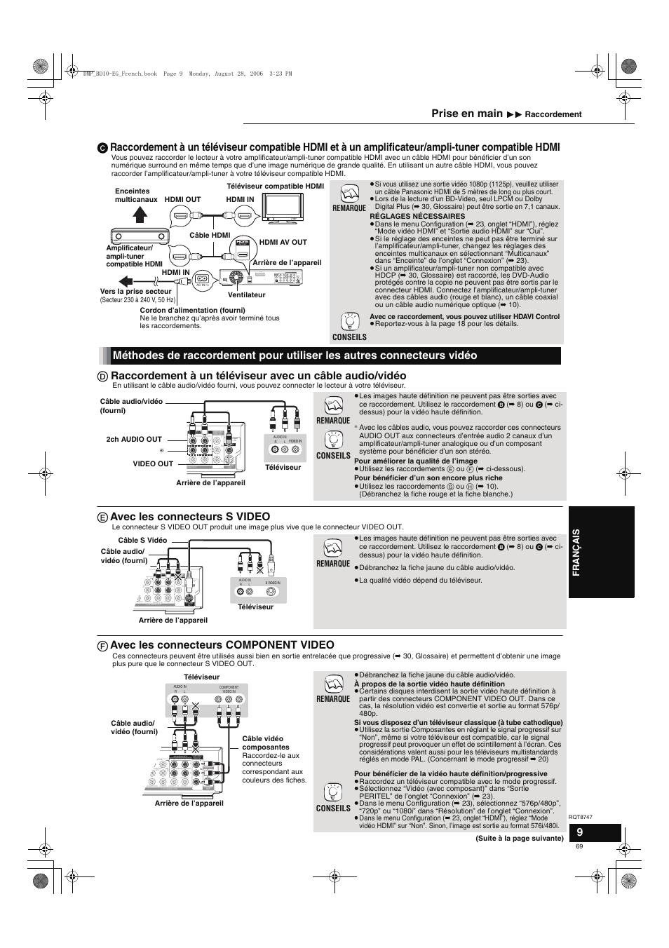 E avec les connecteurs s video, F avec les connecteurs component video, Prise en main | Av av out av out manufactured ac in, Franç ais, Remarque conseils, Remarque, 11 raccordement | Panasonic DMPBD10 User Manual | Page 69 / 96