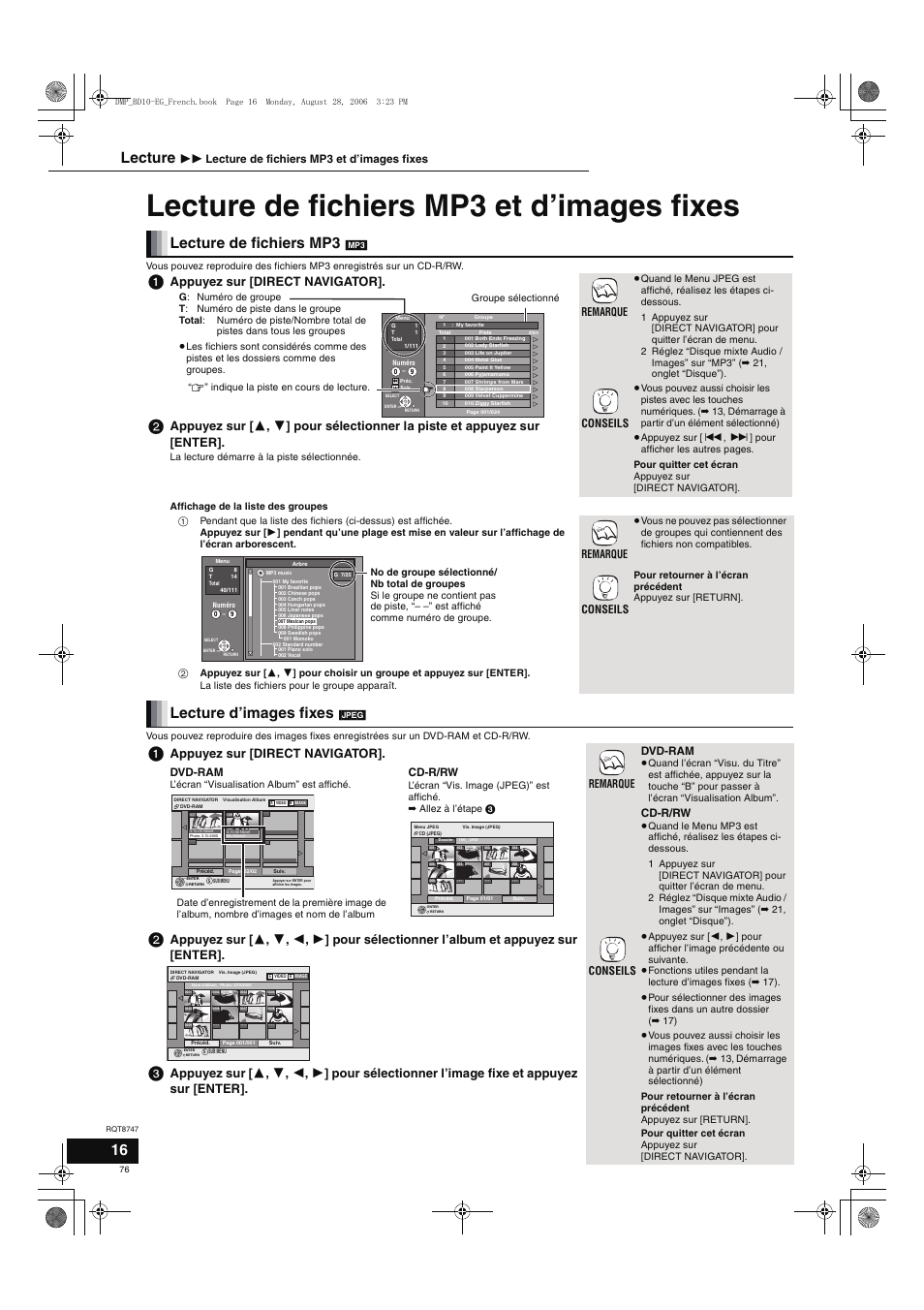 Lecture de fichiers mp3 et d’images fixes, Lecture de fichiers mp3, Lecture d’images fixes | Lecture, Appuyez sur [direct navigator, Remarque conseils, Dvd-ram, Cd-r/rw, Remarque, Conseils | Panasonic DMPBD10 User Manual | Page 76 / 96