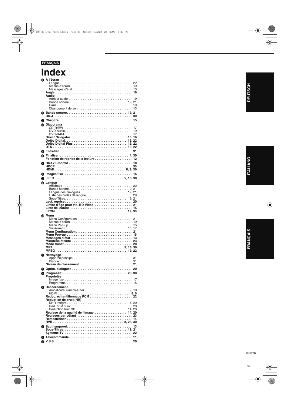Index | Panasonic DMPBD10 User Manual | Page 95 / 96