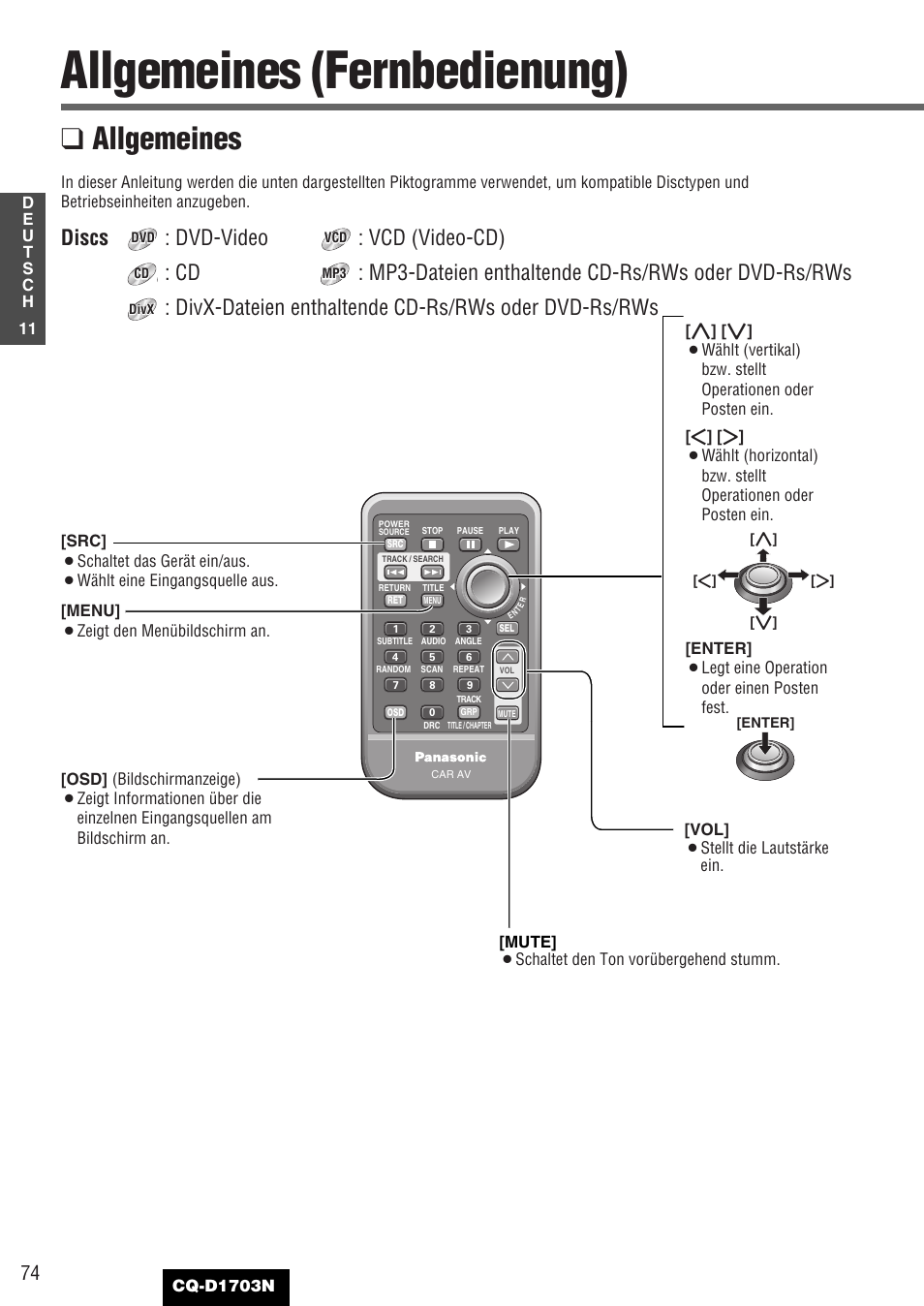 Allgemeines (fernbedienung), Allgemeines | Panasonic CQD1703N User Manual | Page 12 / 64
