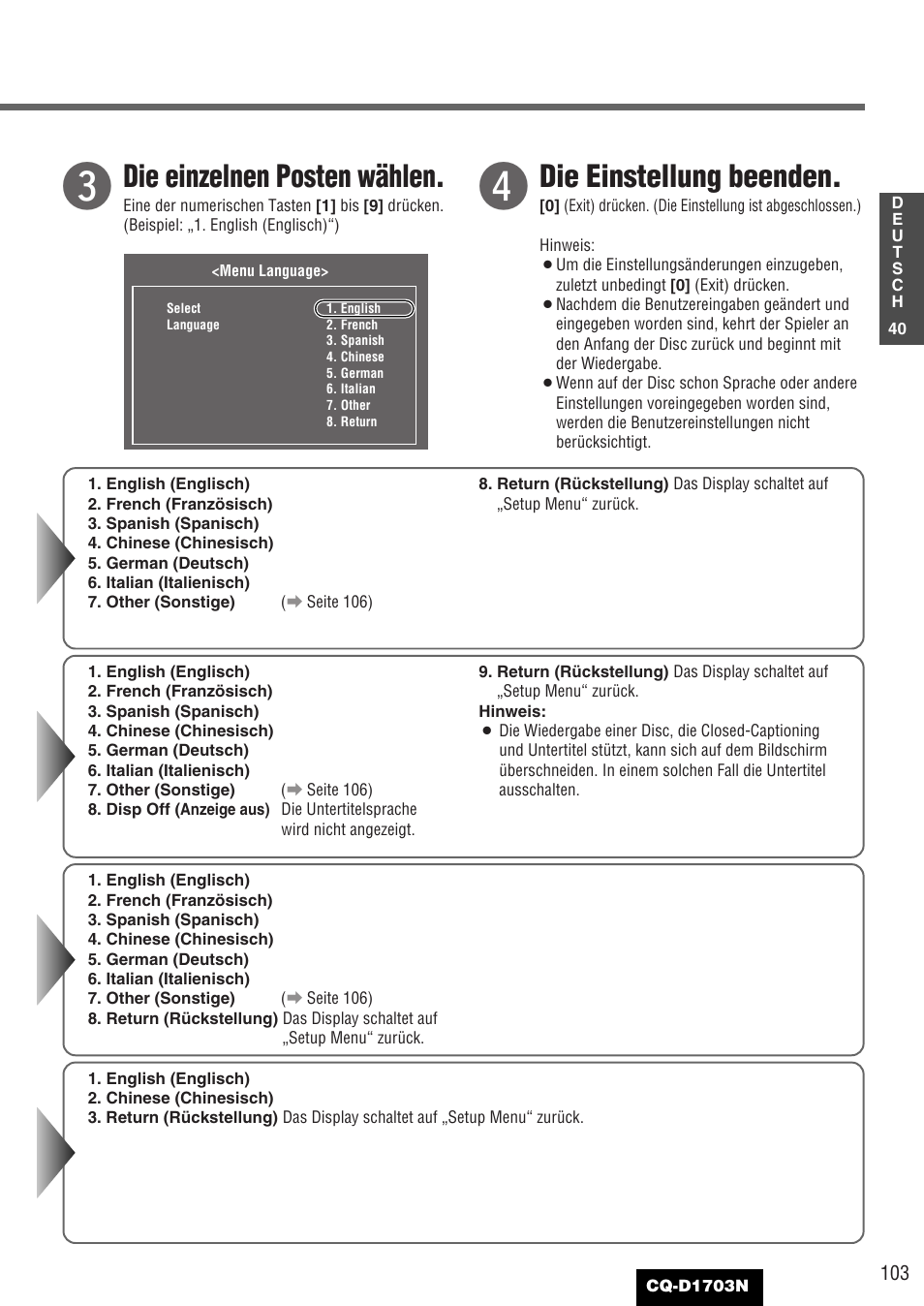 Die einzelnen posten wählen, Die einstellung beenden | Panasonic CQD1703N User Manual | Page 41 / 64