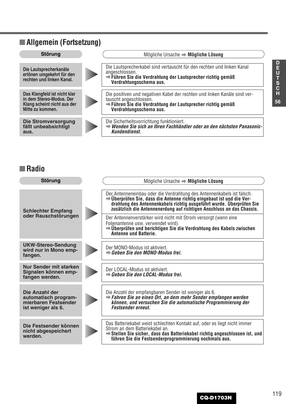 Allgemein (fortsetzung), Radio | Panasonic CQD1703N User Manual | Page 57 / 64