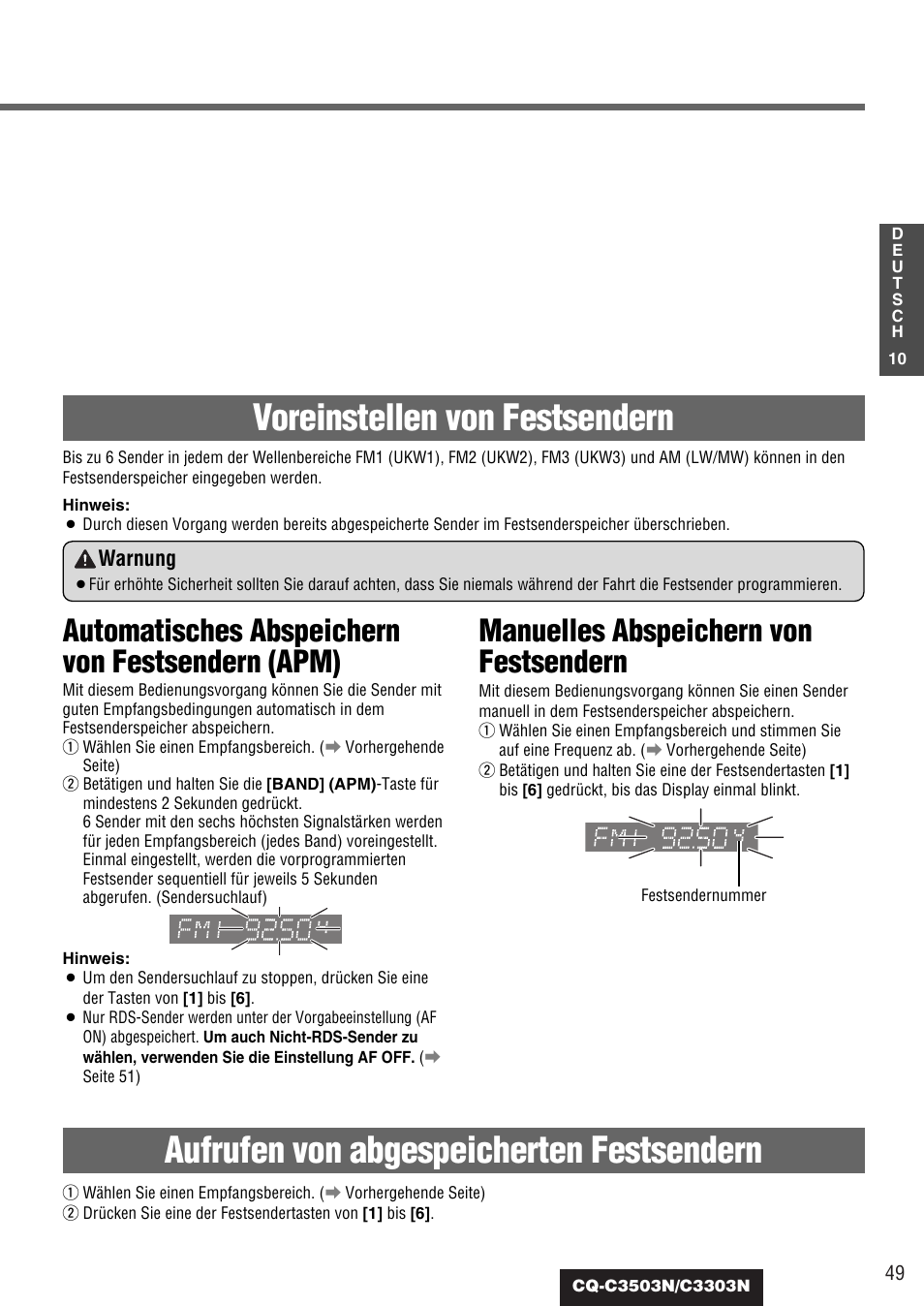 Voreinstellen von festsendern, Aufrufen von abgespeicherten festsendern, Automatisches abspeichern von festsendern (apm) | Manuelles abspeichern von festsendern, Warnung | Panasonic CQC3503N User Manual | Page 11 / 42