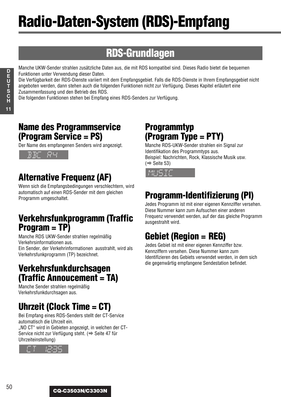 Radio-daten-system (rds)-empfang, Rds-grundlagen, Name des programmservice (program service = ps) | Alternative frequenz (af), Verkehrsfunkprogramm (traffic program = tp), Verkehrsfunkdurchsagen (traffic annoucement = ta), Uhrzeit (clock time = ct), Programmtyp (program type = pty), Programm-identifizierung (pi), Gebiet (region = reg) | Panasonic CQC3503N User Manual | Page 12 / 42