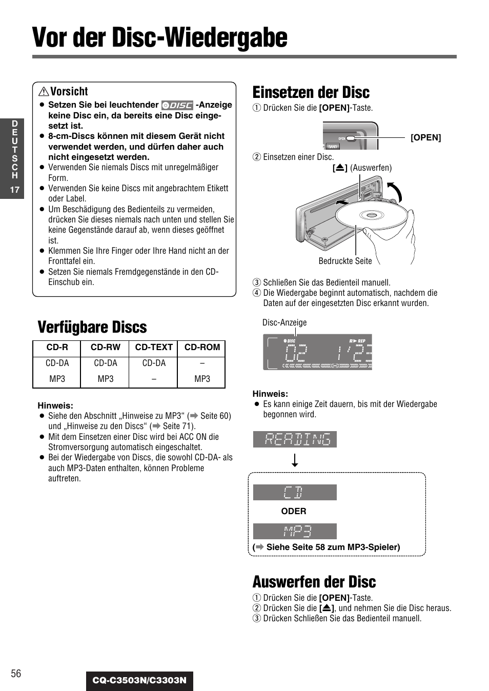 Vor der disc-wiedergabe, Verfügbare discs, Einsetzen der disc | Auswerfen der disc, Vorsicht | Panasonic CQC3503N User Manual | Page 18 / 42