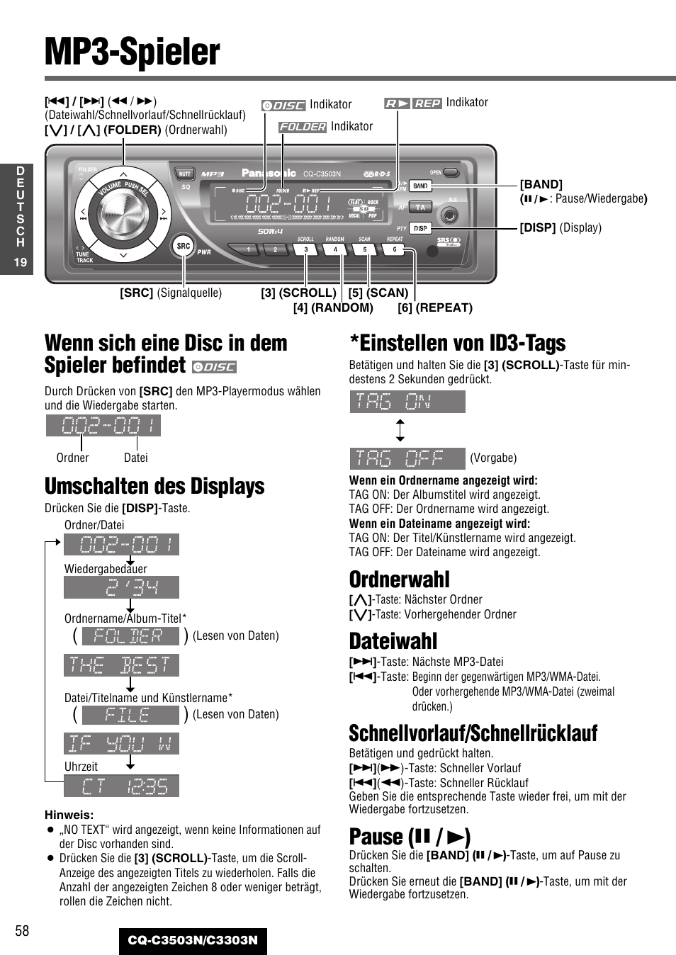 Mp3-spieler, Wenn sich eine disc in dem spieler befindet, Umschalten des displays | Einstellen von id3-tags, Ordnerwahl, Dateiwahl, Schnellvorlauf/schnellrücklauf, Pause ( y / 5 ) | Panasonic CQC3503N User Manual | Page 20 / 42