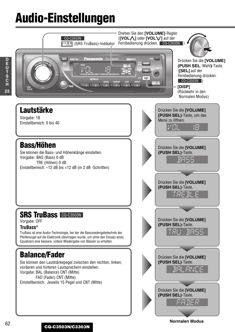 Audio-einstellungen, Lautstärke, Bass/höhen | Srs trubass, Balance/fader | Panasonic CQC3503N User Manual | Page 24 / 42