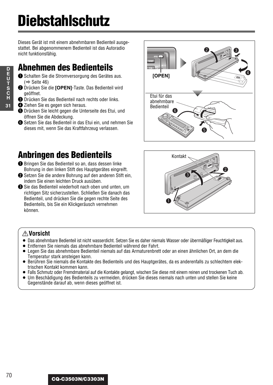 Diebstahlschutz, Abnehmen des bedienteils, Anbringen des bedienteils | Vorsicht | Panasonic CQC3503N User Manual | Page 32 / 42