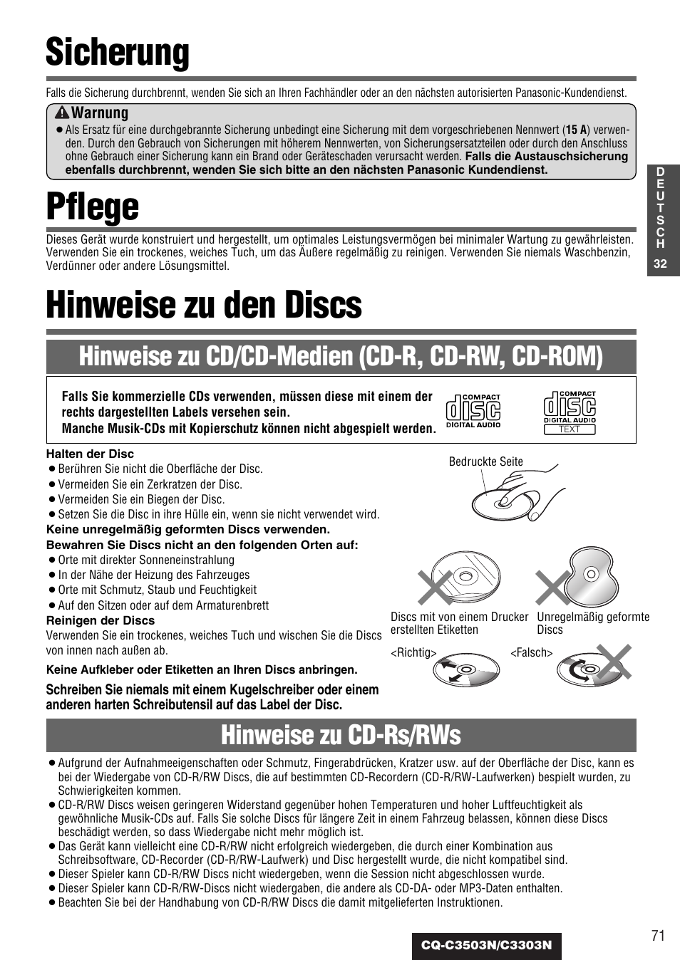 Sicherung, Pflege, Hinweise zu den discs | Hinweise zu cd/cd-medien (cd-r, cd-rw, cd-rom), Hinweise zu cd-rs/rws | Panasonic CQC3503N User Manual | Page 33 / 42