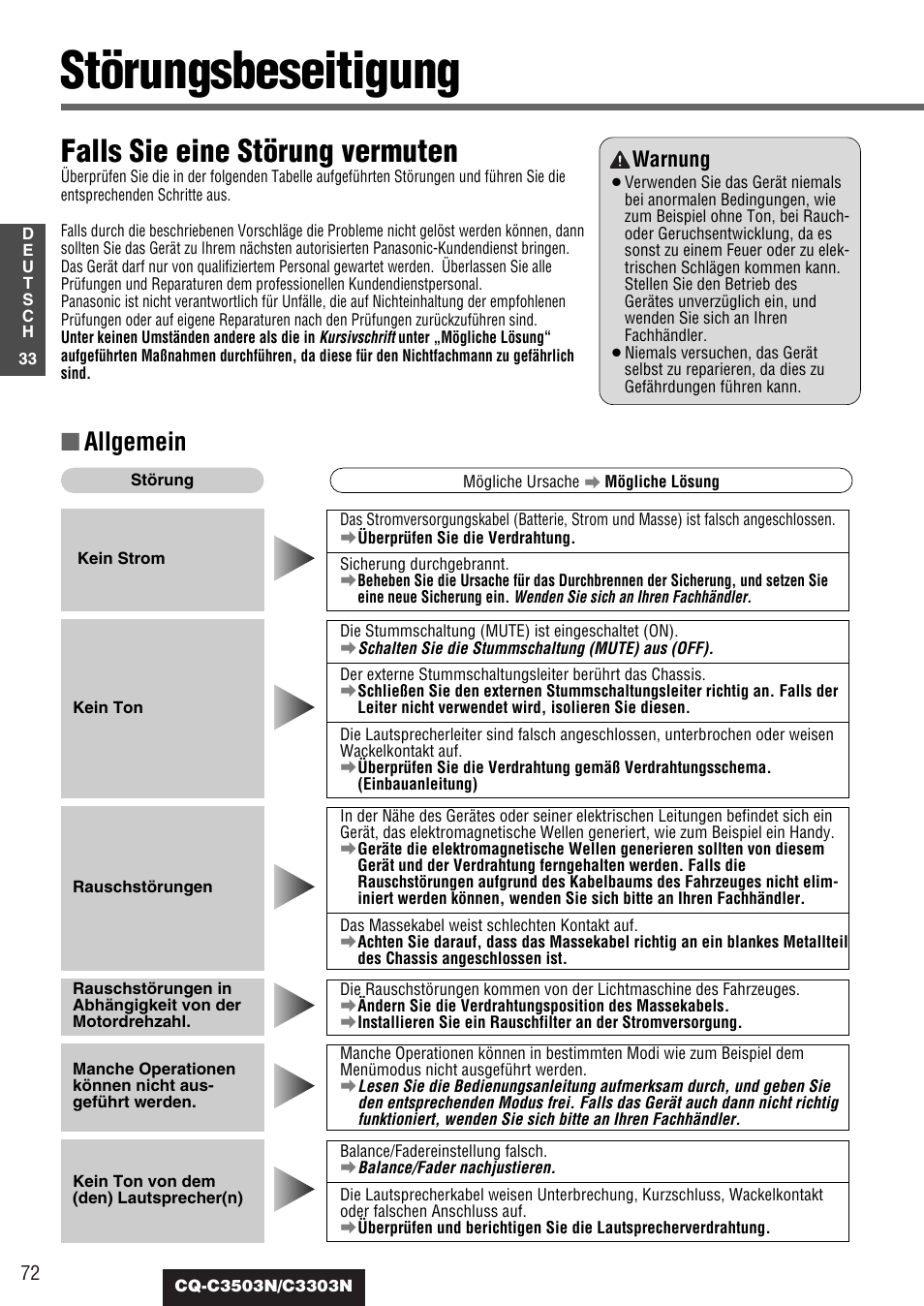 Störungsbeseitigung, Falls sie eine störung vermuten, Allgemein | Warnung | Panasonic CQC3503N User Manual | Page 34 / 42