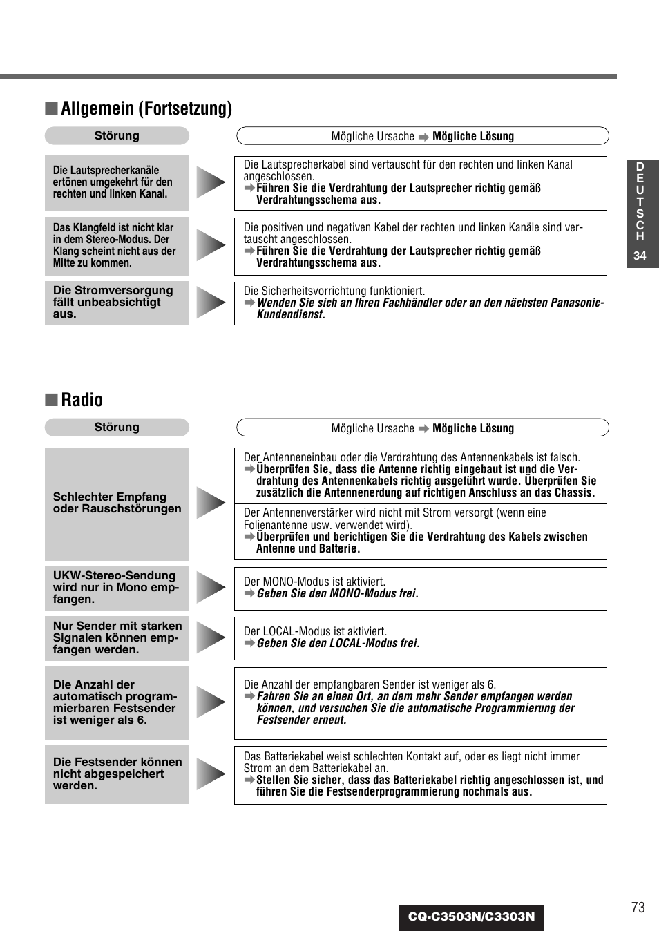 Allgemein (fortsetzung), Radio | Panasonic CQC3503N User Manual | Page 35 / 42
