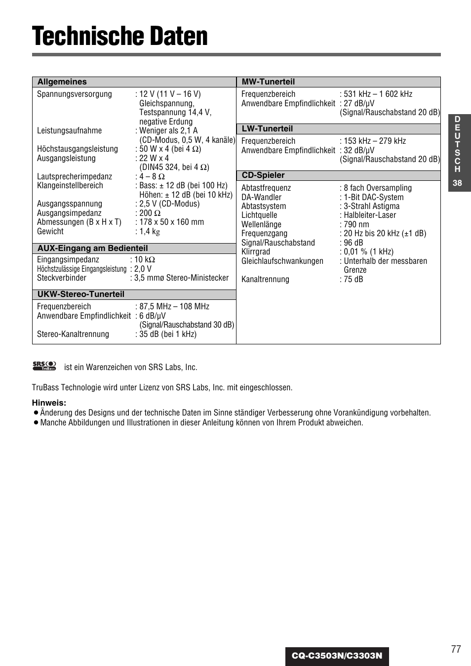 Technische daten | Panasonic CQC3503N User Manual | Page 39 / 42