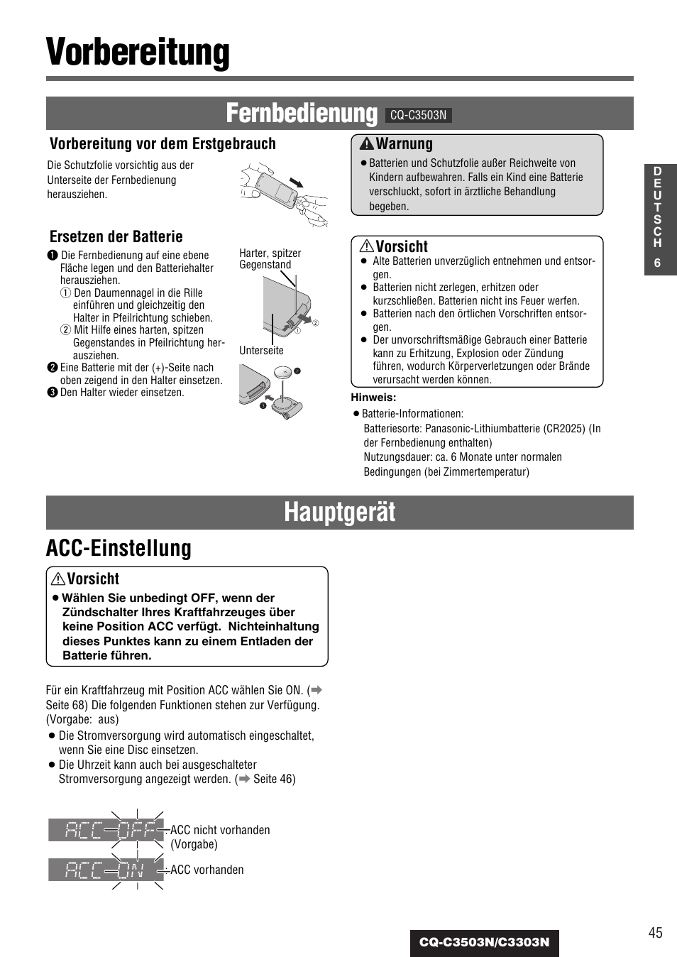 Vorbereitung, Hauptgerät fernbedienung, Acc-einstellung | Vorbereitung vor dem erstgebrauch, Ersetzen der batterie, Warnung, Vorsicht | Panasonic CQC3503N User Manual | Page 7 / 42