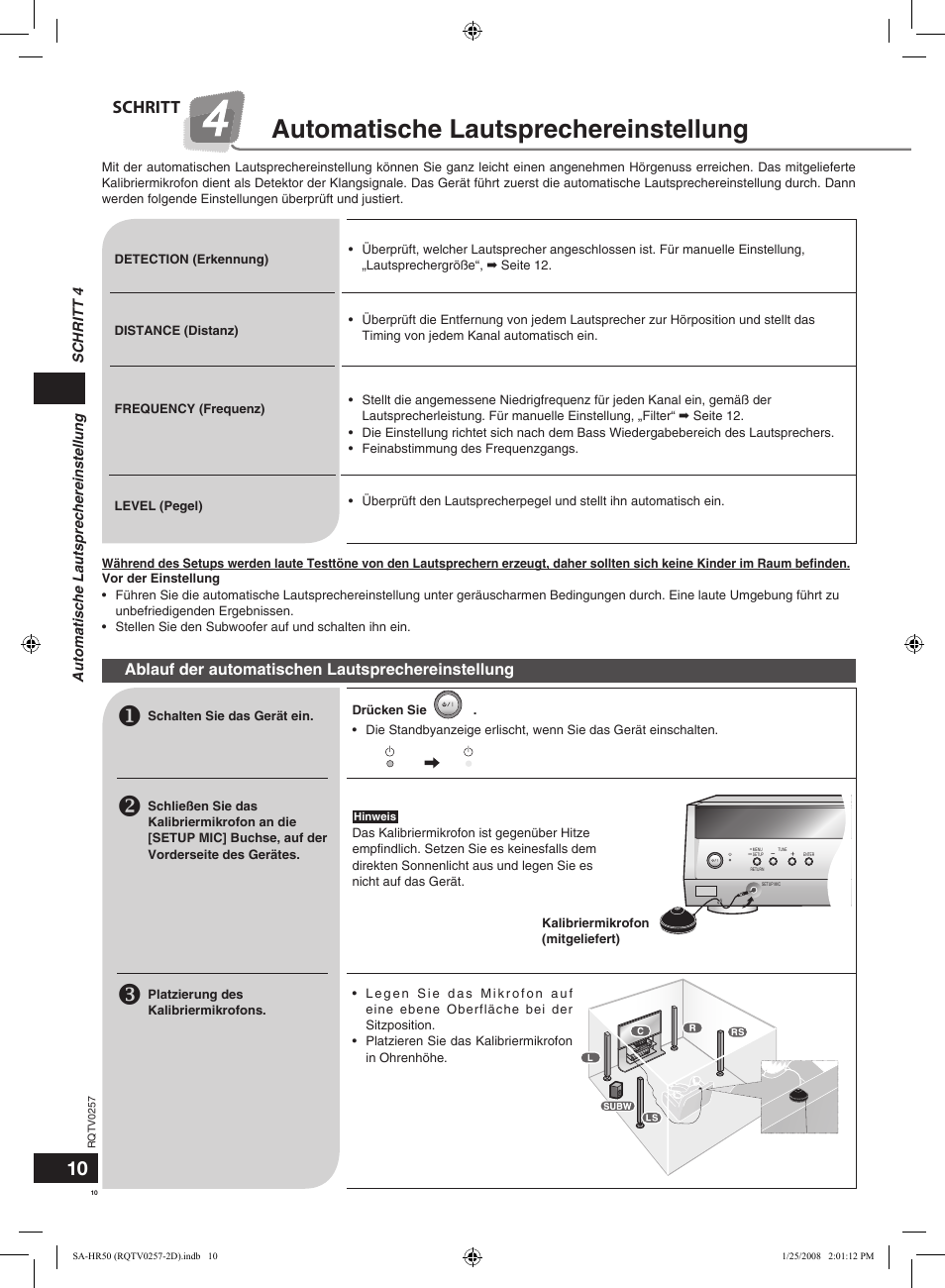 Automatische lautsprechereinstellung, W11 10, Schritt | Ablauf der automatischen lautsprechereinstellung | Panasonic SAHR50EG User Manual | Page 10 / 68