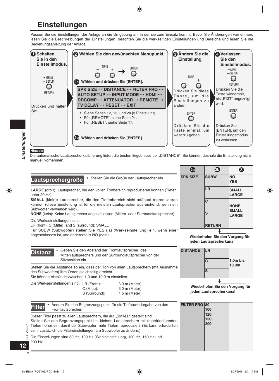 Einstellungen, Lautsprechergröße, Filter | Distanz | Panasonic SAHR50EG User Manual | Page 12 / 68