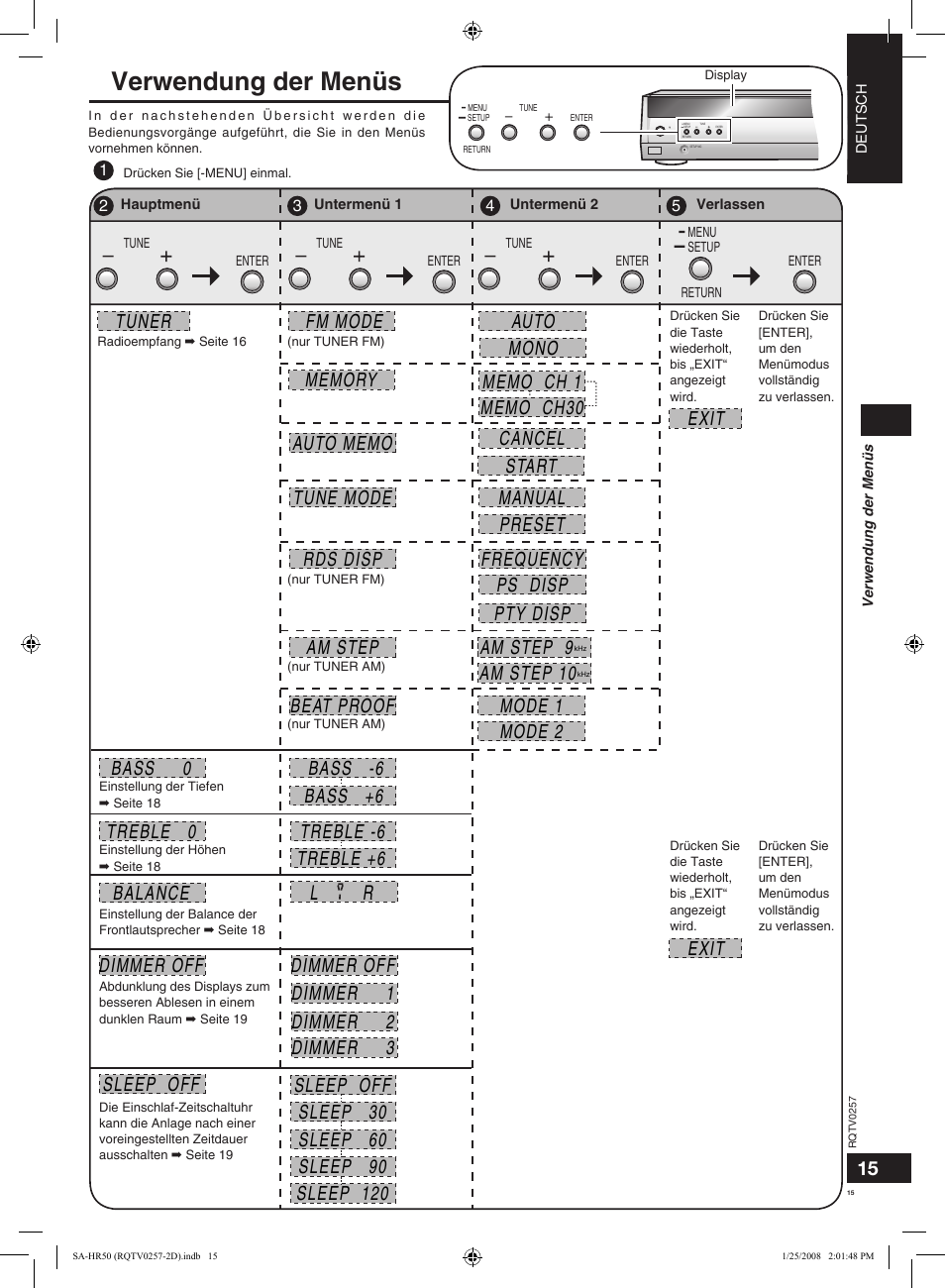 Verwendung der menüs | Panasonic SAHR50EG User Manual | Page 15 / 68