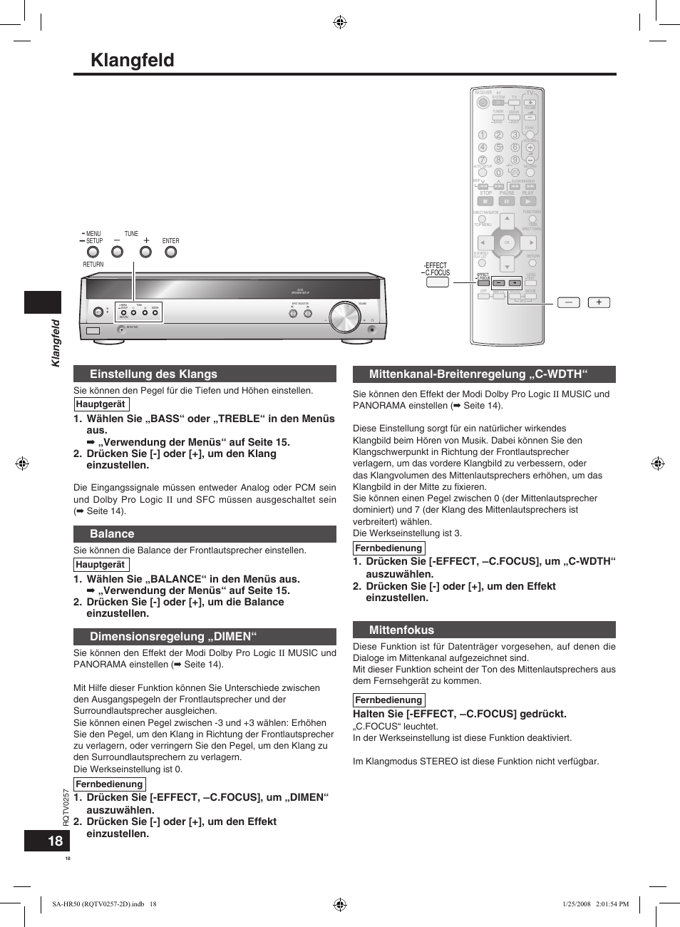 Einstellung des klangs, Balance, Dimensionsregelung „dimen | Mittenkanal-breitenregelung „c-wdth, Mittenfokus, Klangfeld, Halten sie [-effect, ―c.focus] gedrückt, Fernbedienung, Hauptgerät | Panasonic SAHR50EG User Manual | Page 18 / 68