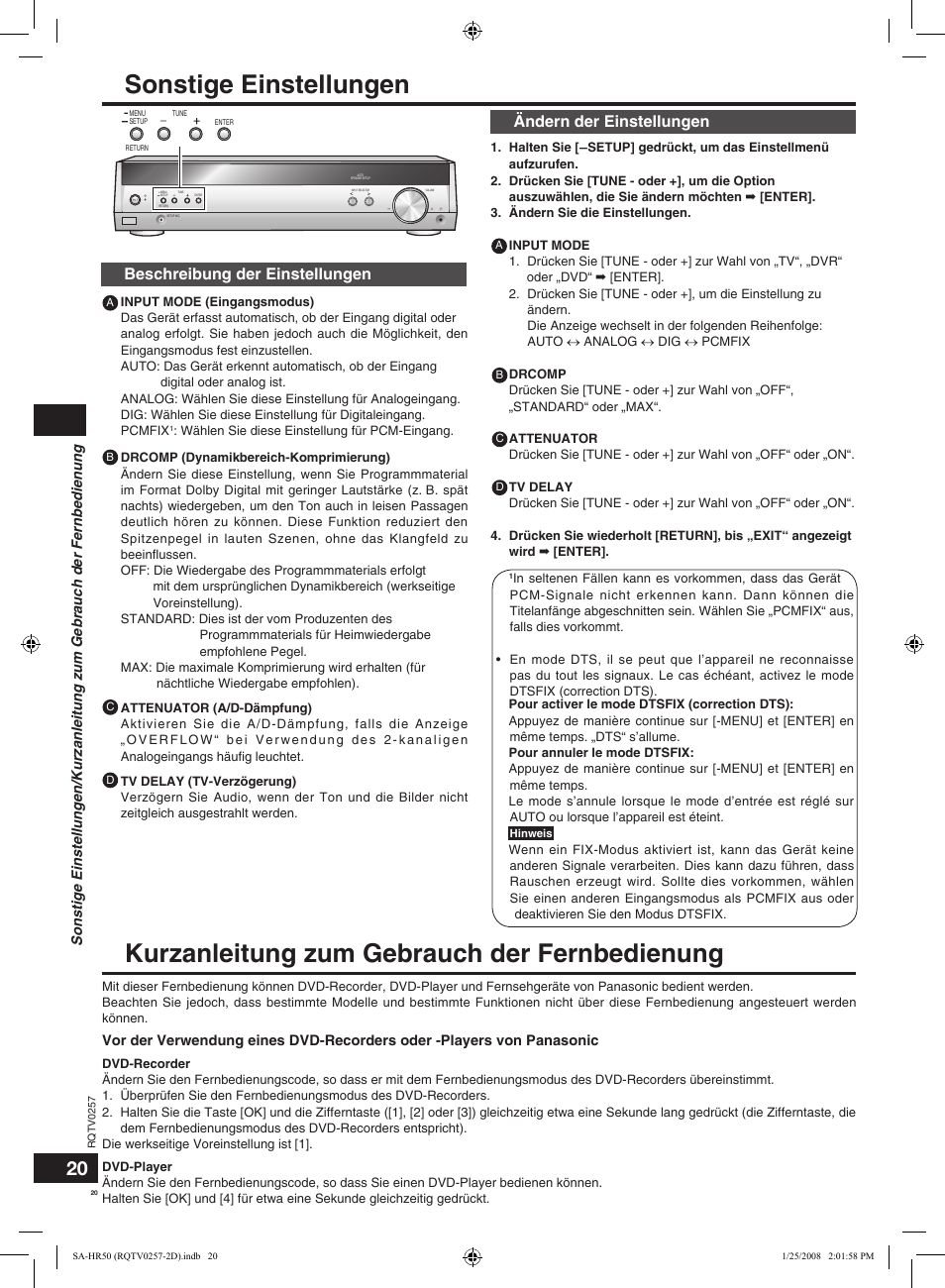 Sonstige einstellungen, Kurzanleitung zum gebrauch der fernbedienung, Beschreibung der einstellungen | Ändern der einstellungen | Panasonic SAHR50EG User Manual | Page 20 / 68