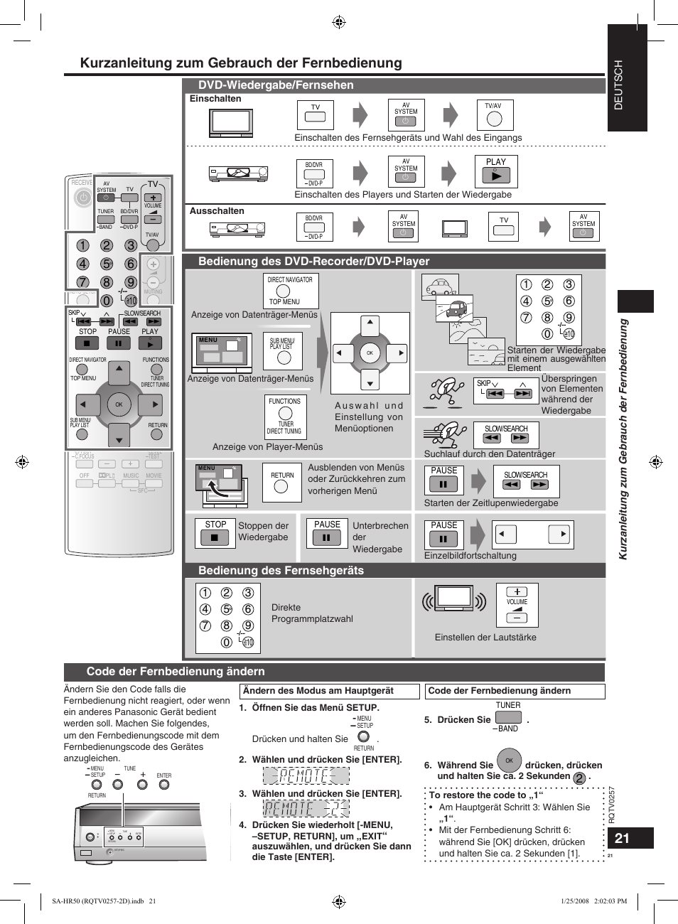 Kurzanleitung zum gebrauch der fernbedienung 21 20, Dvd-wiedergabe/fernsehen, Bedienung des dvd-recorder/dvd-player | Bedienung des fernsehgeräts, Code der fernbedienung ändern | Panasonic SAHR50EG User Manual | Page 21 / 68