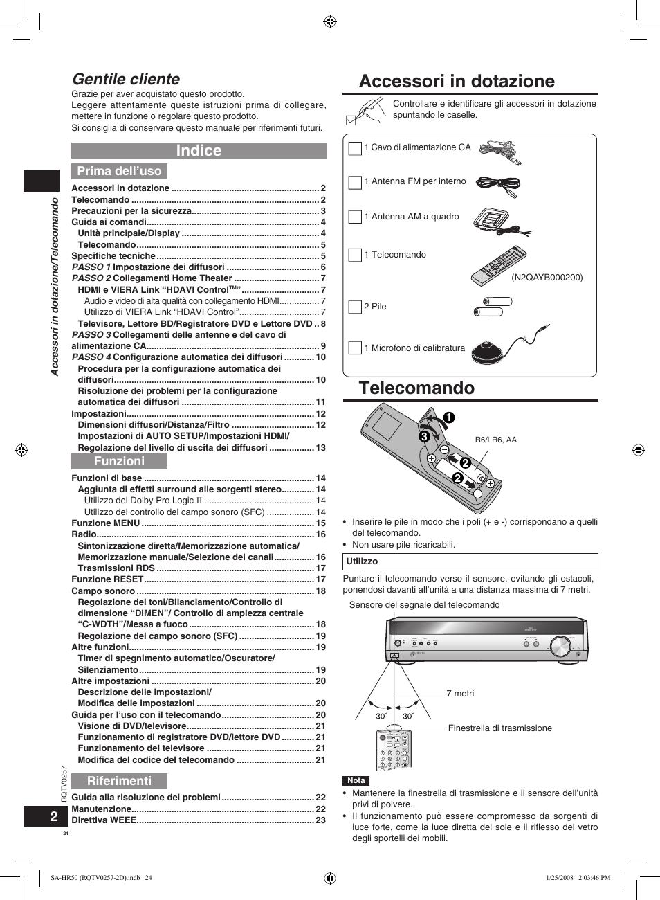 Accessori in dotazione, Telecomando, Indice | Gentile cliente, Prima dell’uso, Funzioni, Riferimenti, Accessori in dotazione/telecomando | Panasonic SAHR50EG User Manual | Page 24 / 68