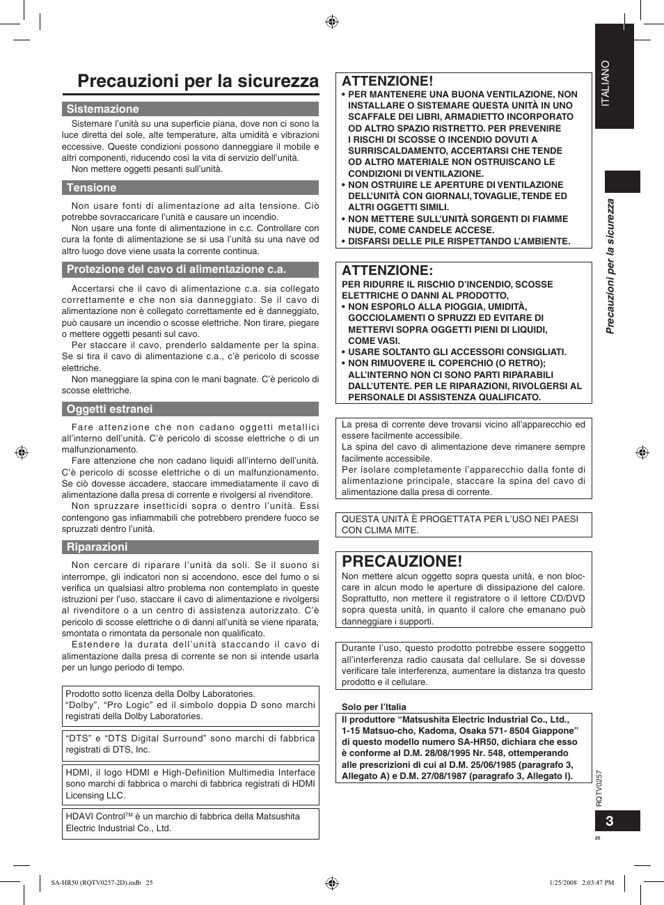 Precauzioni per la sicurezza, Precauzione, Attenzione | Panasonic SAHR50EG User Manual | Page 25 / 68
