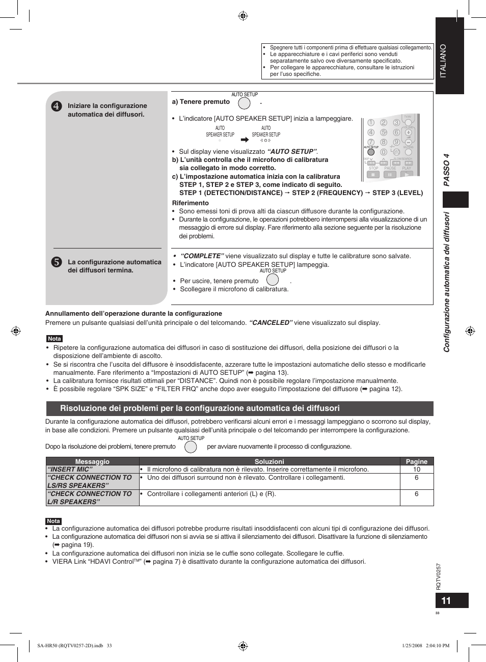 Passo, Italiano, Conﬁgurazione automatica dei diffusori passo 4 | Panasonic SAHR50EG User Manual | Page 33 / 68