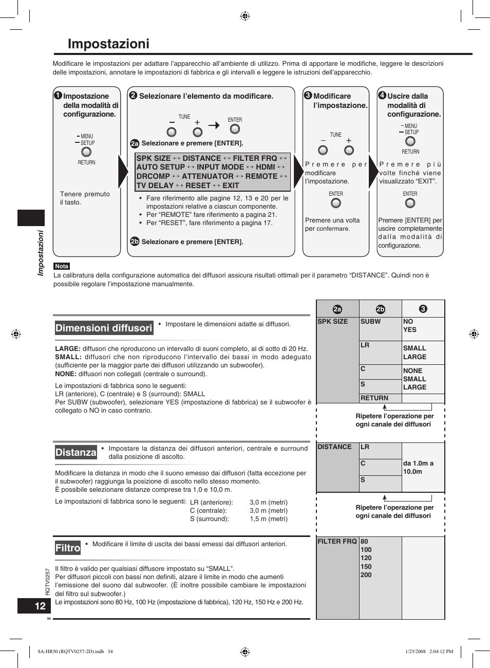 Impostazioni, Dimensioni diffusori, Filtro | Distanza | Panasonic SAHR50EG User Manual | Page 34 / 68