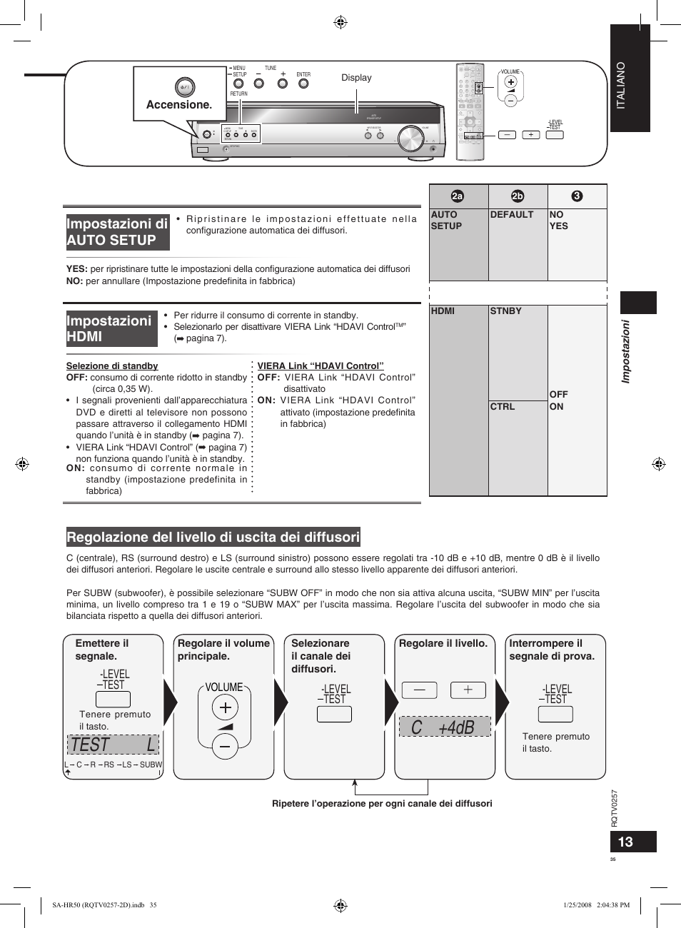 C +4db, Test l, Impostazioni hdmi | Regolazione del livello di uscita dei diffusori, Impostazioni di auto setup, Level test, Volume, Accensione, Italiano, Impostazioni | Panasonic SAHR50EG User Manual | Page 35 / 68