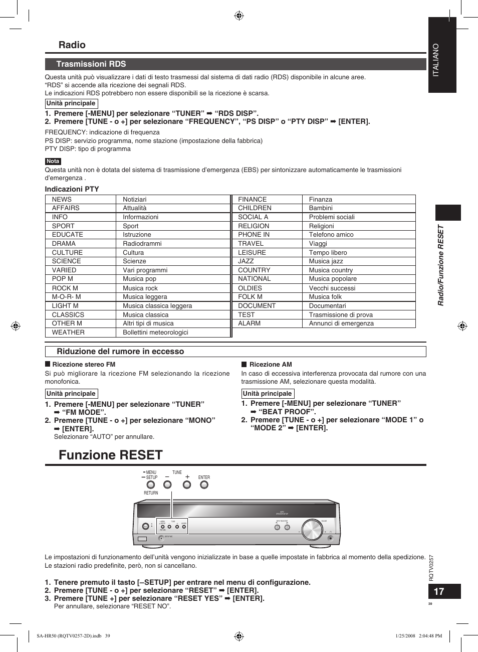 Funzione reset, Radio, Riduzione del rumore in eccesso | Trasmissioni rds | Panasonic SAHR50EG User Manual | Page 39 / 68