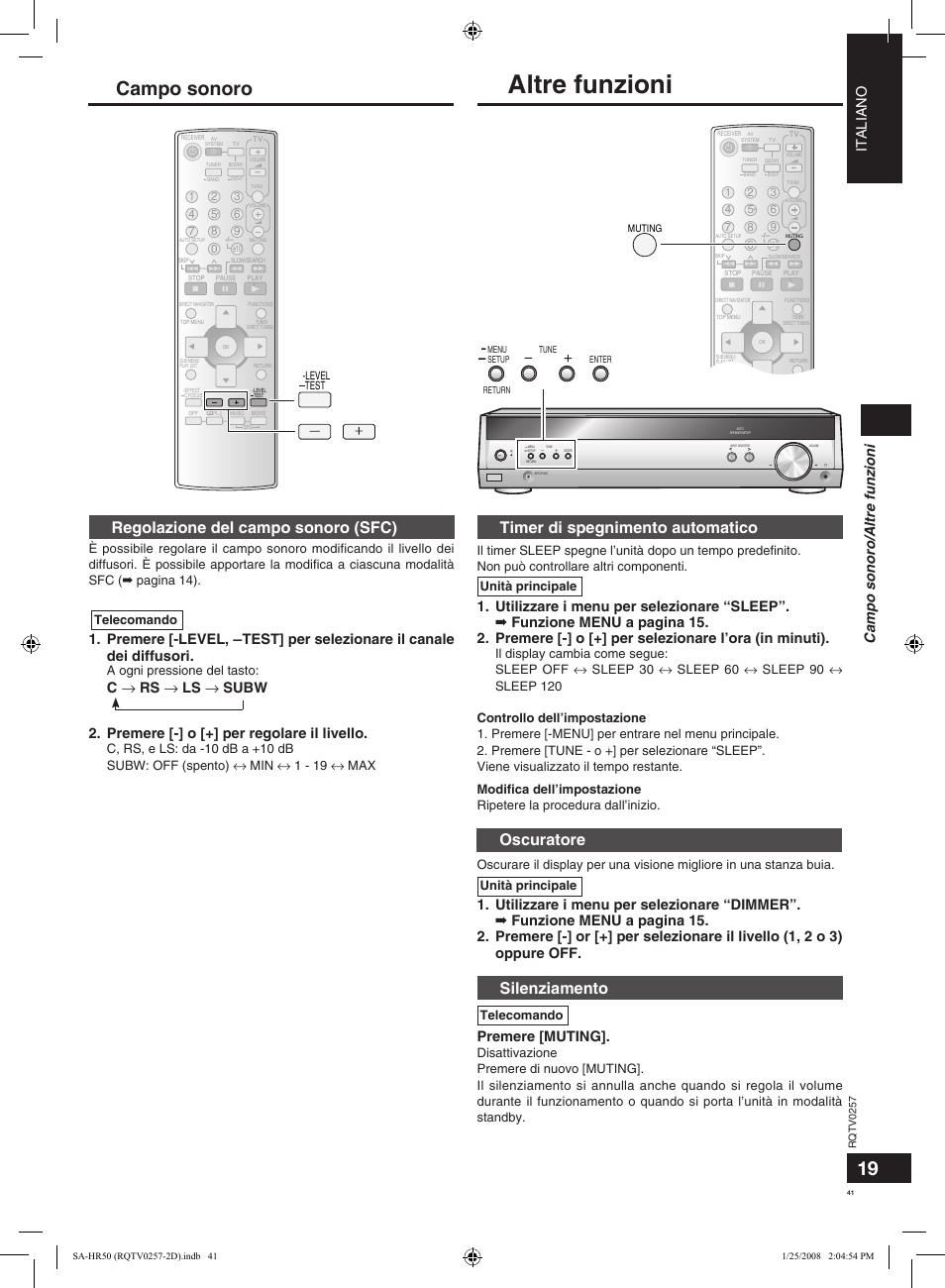 Altre funzioni, Campo sonoro, Regolazione del campo sonoro (sfc) | Oscuratore, Timer di spegnimento automatico, Silenziamento, Italiano, Premere [muting, Campo sonoro/altre funzioni, A ogni pressione del tasto | Panasonic SAHR50EG User Manual | Page 41 / 68