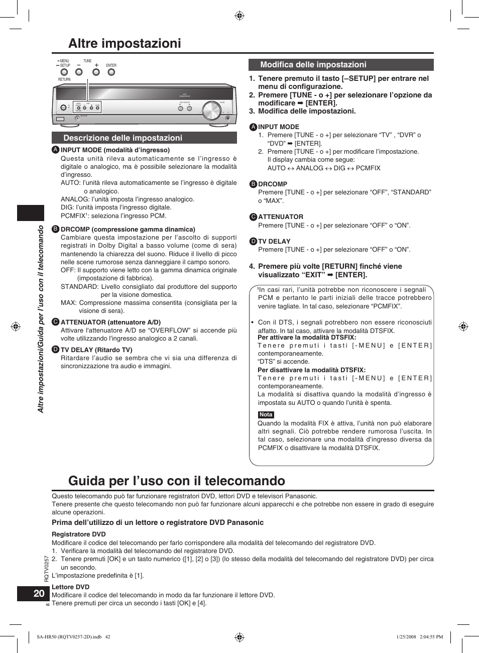 Altre impostazioni, Guida per l’uso con il telecomando, Descrizione delle impostazioni | Modiﬁca delle impostazioni | Panasonic SAHR50EG User Manual | Page 42 / 68