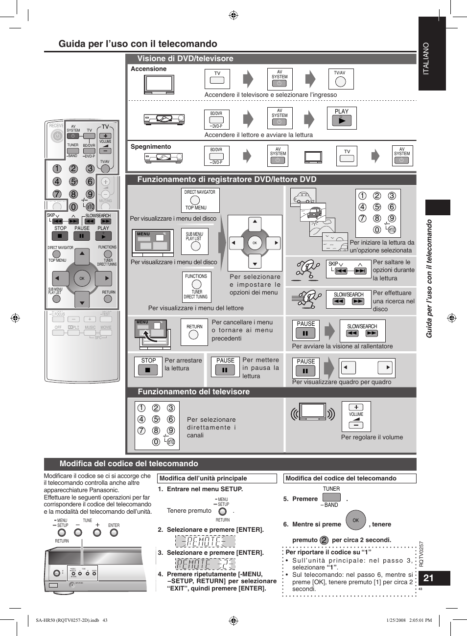 Guida per l’uso con il telecomando, Visione di dvd/televisore, Funzionamento di registratore dvd/lettore dvd | Funzionamento del televisore, Modiﬁca del codice del telecomando | Panasonic SAHR50EG User Manual | Page 43 / 68